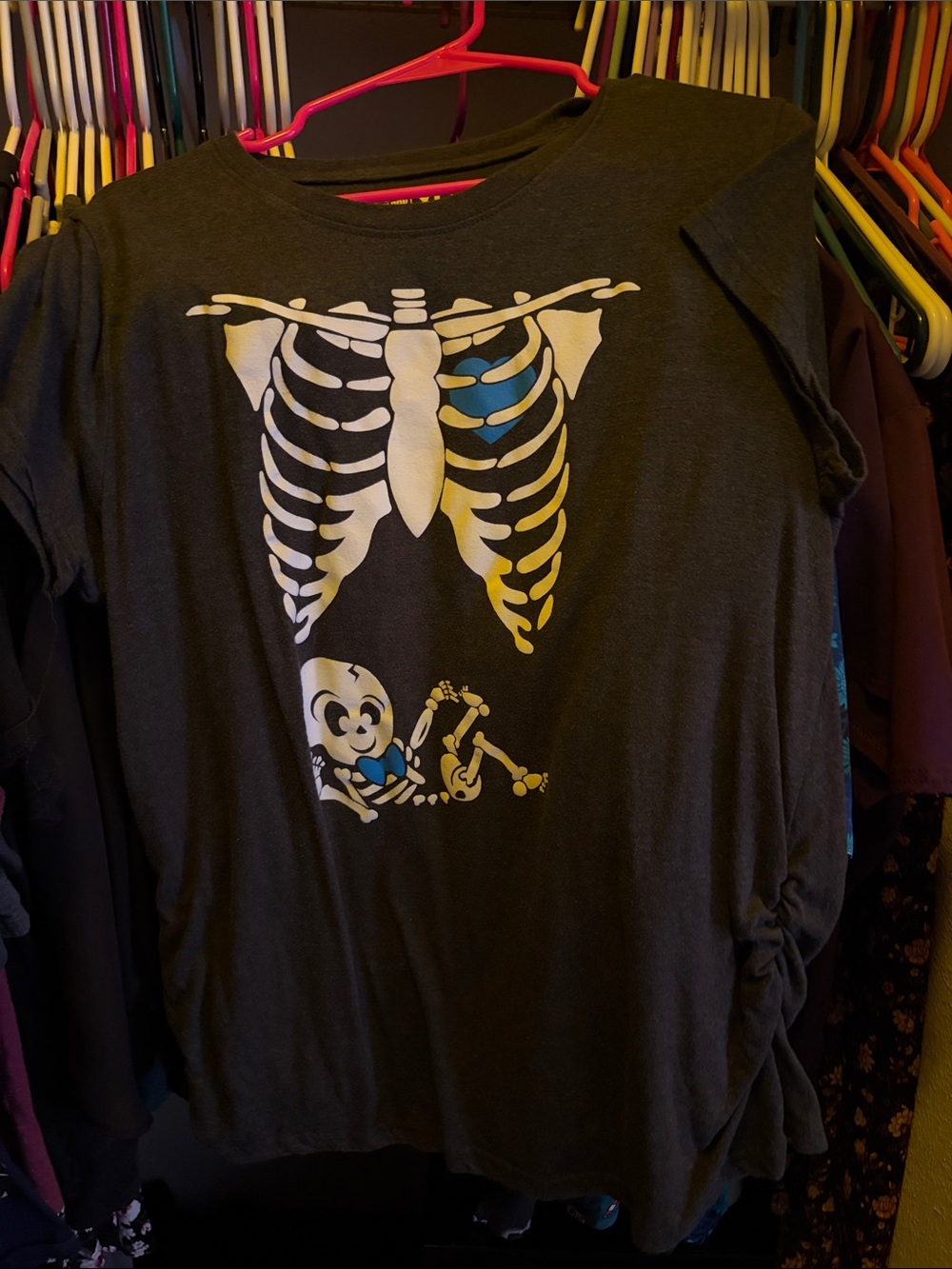 Skeleton Maternity Tee with Baby Graphic - Charcoal